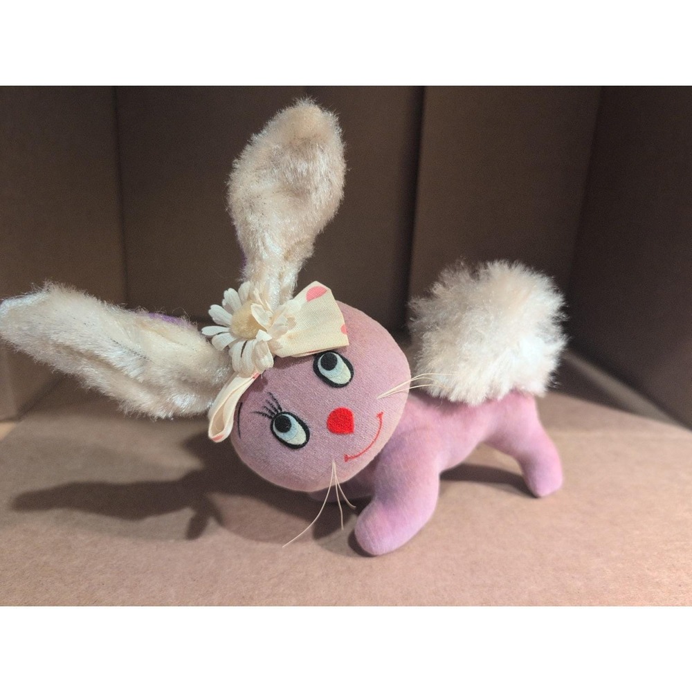 VTG 1950s 60s Pink Daisy Bow Bunny Rabbit Sawdust Plush Carnival Prize Woolkins